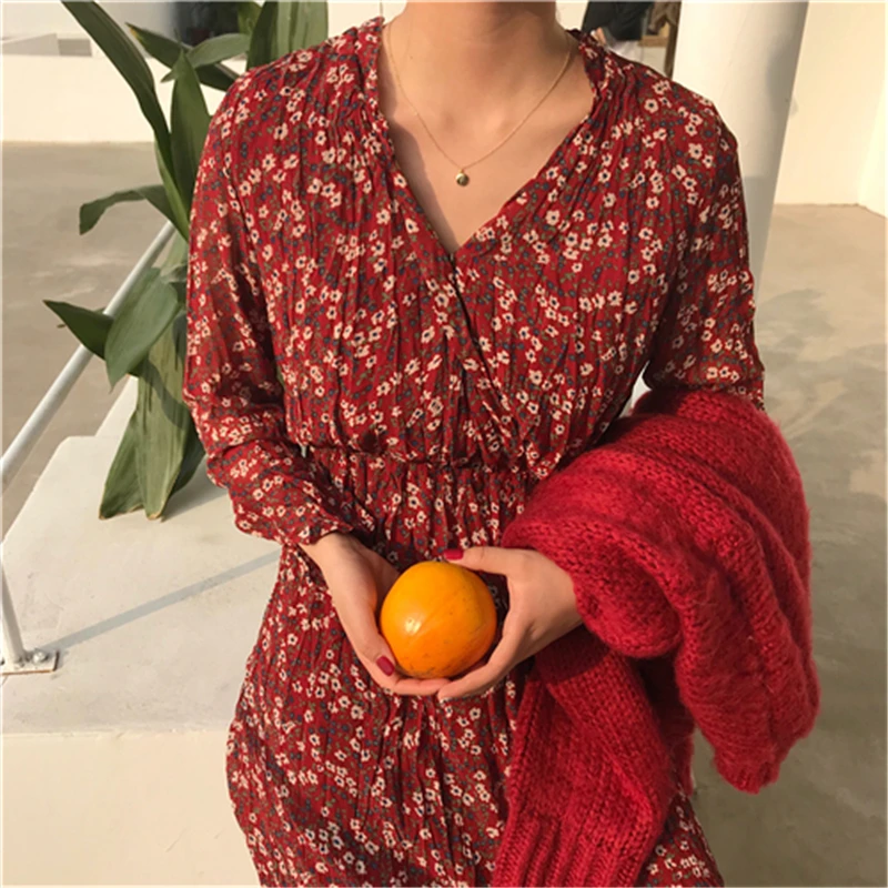 2019 осень и зима корейский стиль сплошной цвет красный трикотажные свитера