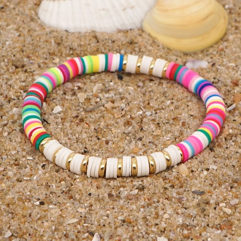 

2021 Boho Bracelet Summer Beach Jewelry Stainless Steel Bead Bracelet Multicolor Ethnic Soft Pottery for Women Armband Pulseras