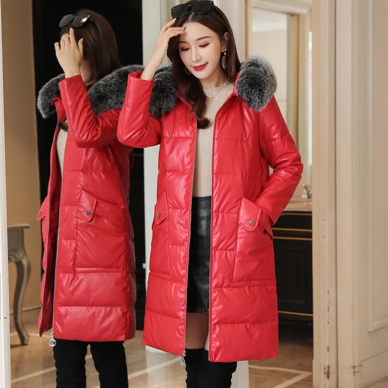 Элегантные женские зимние пуховики из искусственной кожи с воротником