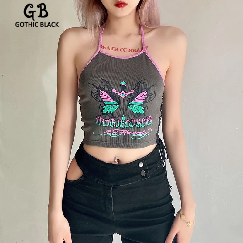 

Gothblack Women Halter Harajuku Printing Slim Crop Top Fashion Bodycon Bandage Backless Camisole Summer Street Party Club Tops