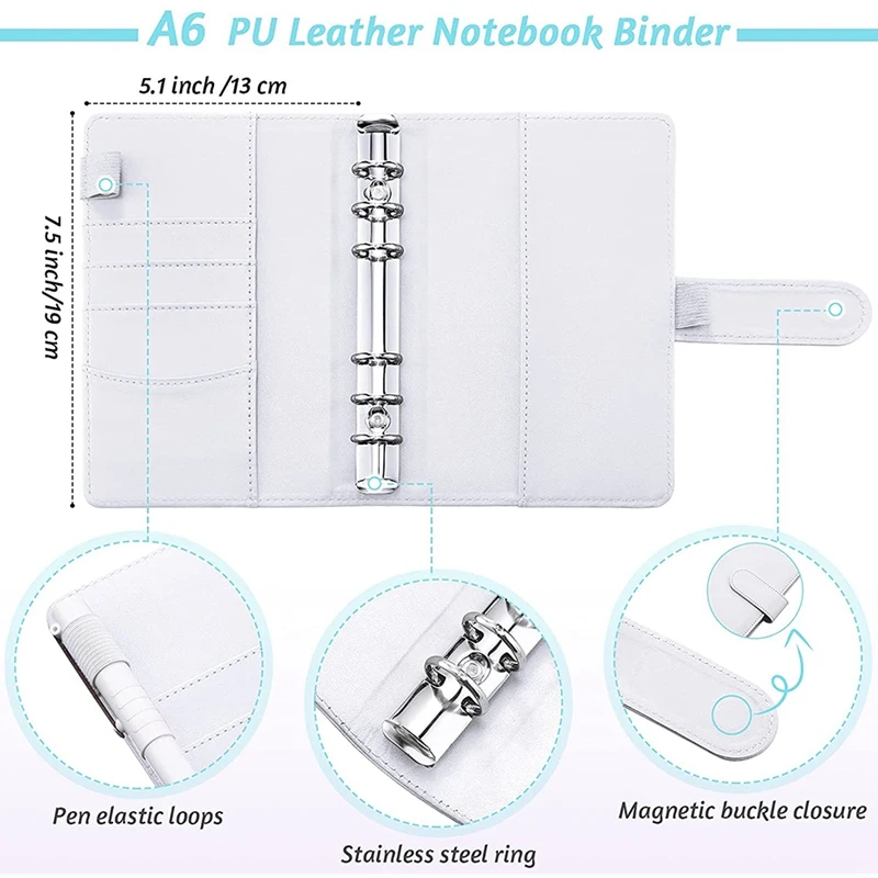 

A6 PU Leather Notebook Binder Budget Planning Notepad,6 Ring Binder Sleeves,8 Binder Pockets,12 Expense Budget Sheets