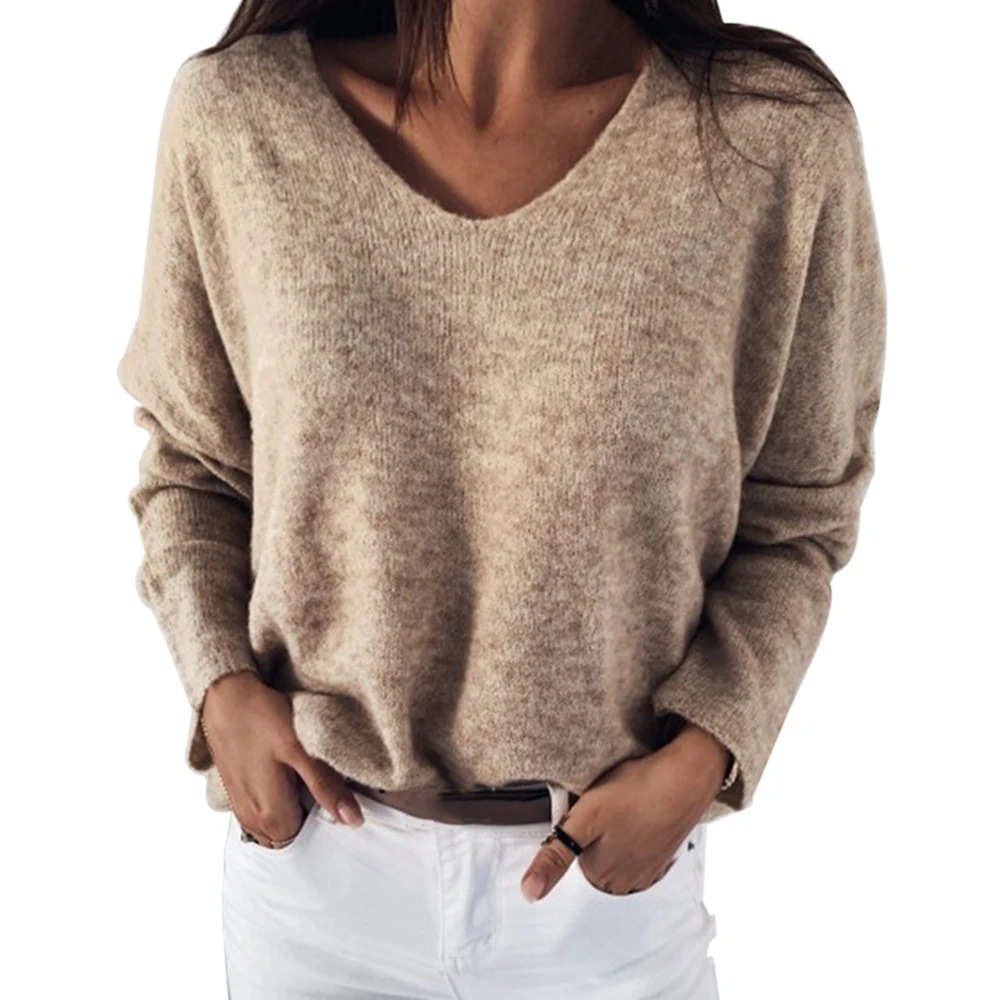 

2020 Women Sexy V-neck Sweater Autumn Long Sleeve Solid Color Knitted Sweater Female Casual Loose Jumpers Pullovers Top