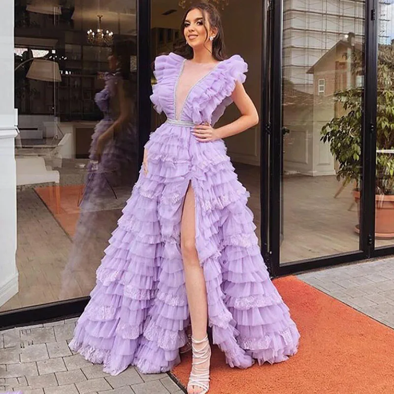 Очаровательные вечерние платья с лавандой и оборками в несколько рядов