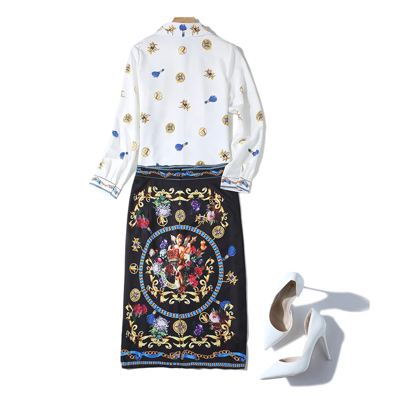 

Women Runway Designer autumn long sleeve white blouse 2 Piece Set Black skirt pencil + white tops Suits 2pcs