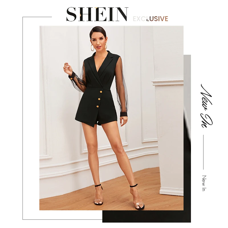 SHEIN, черный вырез, сетка, рукав, кнопка, обёрточная отделка, юбка, комбинезон для женщин, осень, высокая талия, однотонный, вечерние элегантный костюм, комбинезоны