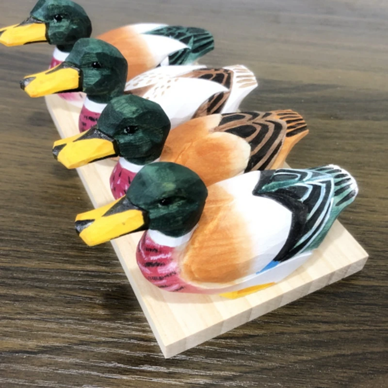 

4Pcs Solid wood handmade wood carving duck ornaments ducklings animal decorations crafts home furnishings