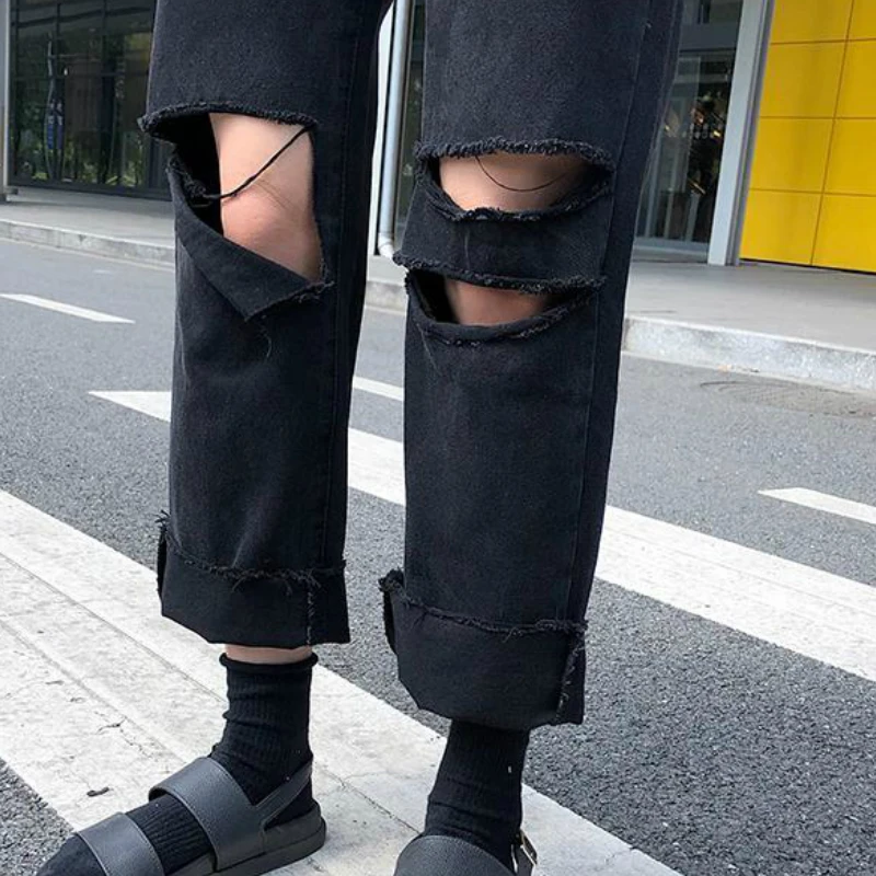 

Jeans Women Holes Black Ripped Vintage Loose Hip-hop Womens Denim Trousers High Street Kpop Ins Harajuku Fashion Retro Clothing