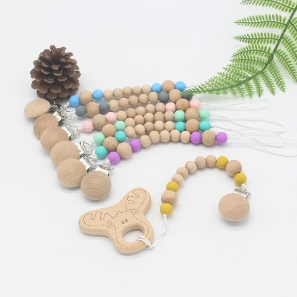 

Baby Teething Toy Beech Beads Silicone Beads Pacifier Holder Anti-Dropping Baby Nipple Chain Chew Dummy Clip Soother Chains