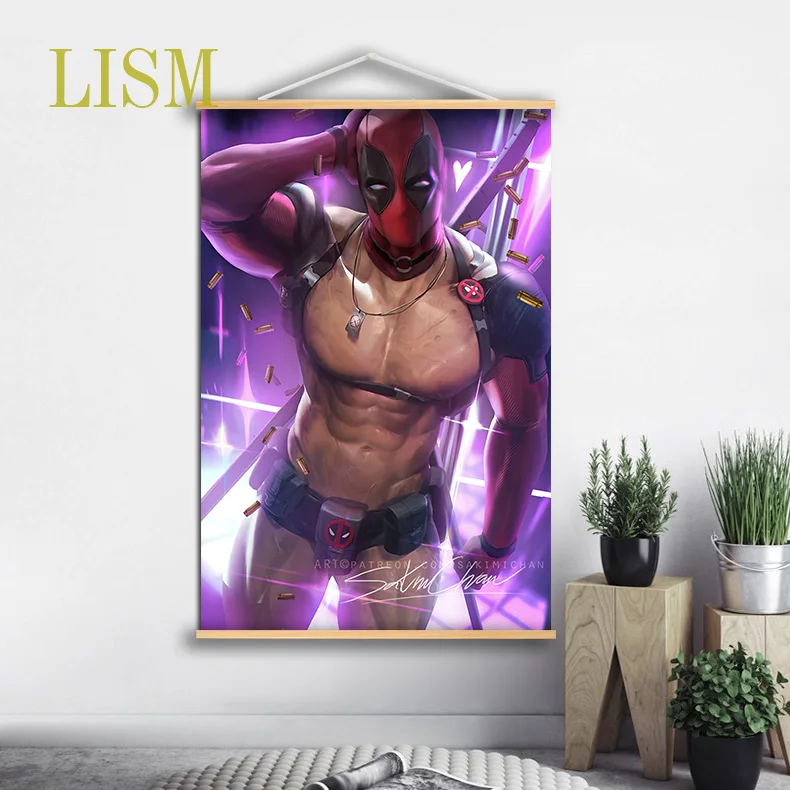 

Deadpool Anime Poster manga picture with solid wood hanging scroll for canvas painting