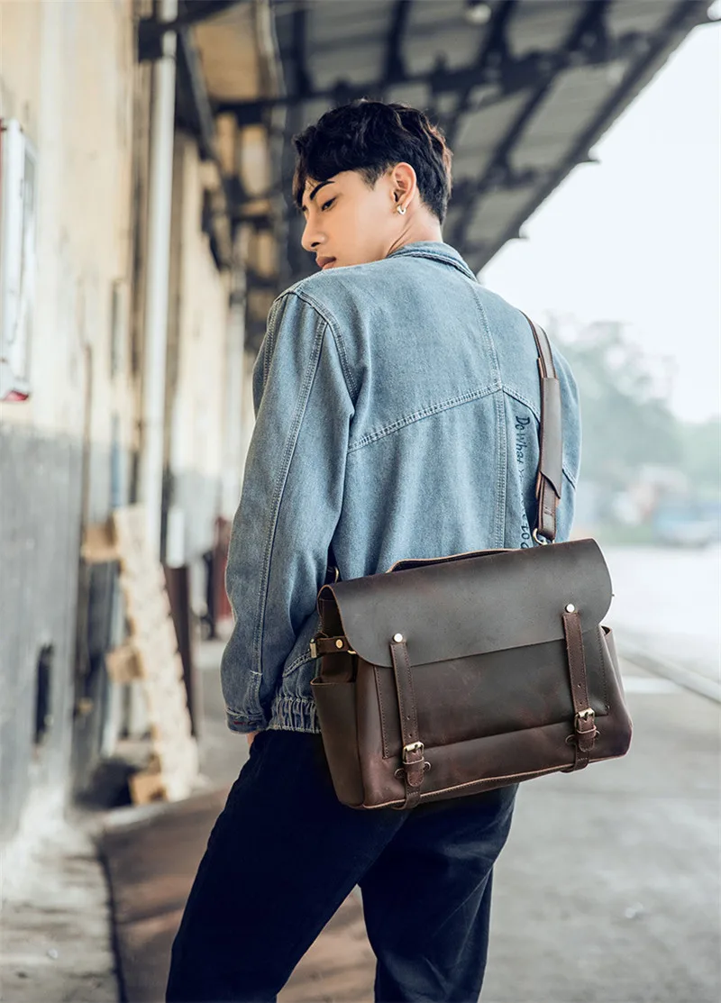 Crazy horse cowhide men's briefcase vintage natural genuine leather messenger bag business casual office work laptop handbag