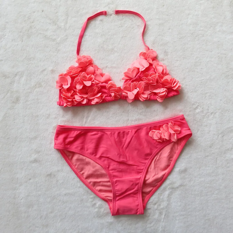 

Children's Bikini Split Swimsuit Handmade Cute Flowers Pink two piece kids swimwear for girls
