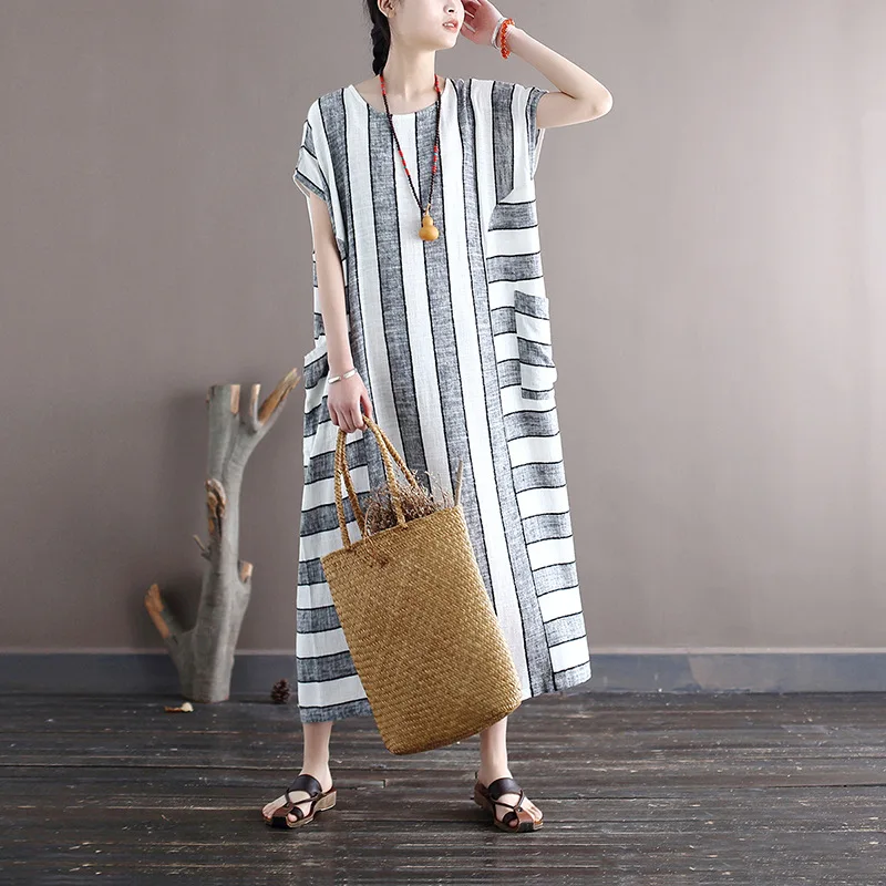 Women Loose Striped Printed Patchwork Cotton Linen Dress Ladies Vintage Flax Dresses Female 2021 Summer Robes Plus Size Big Bag