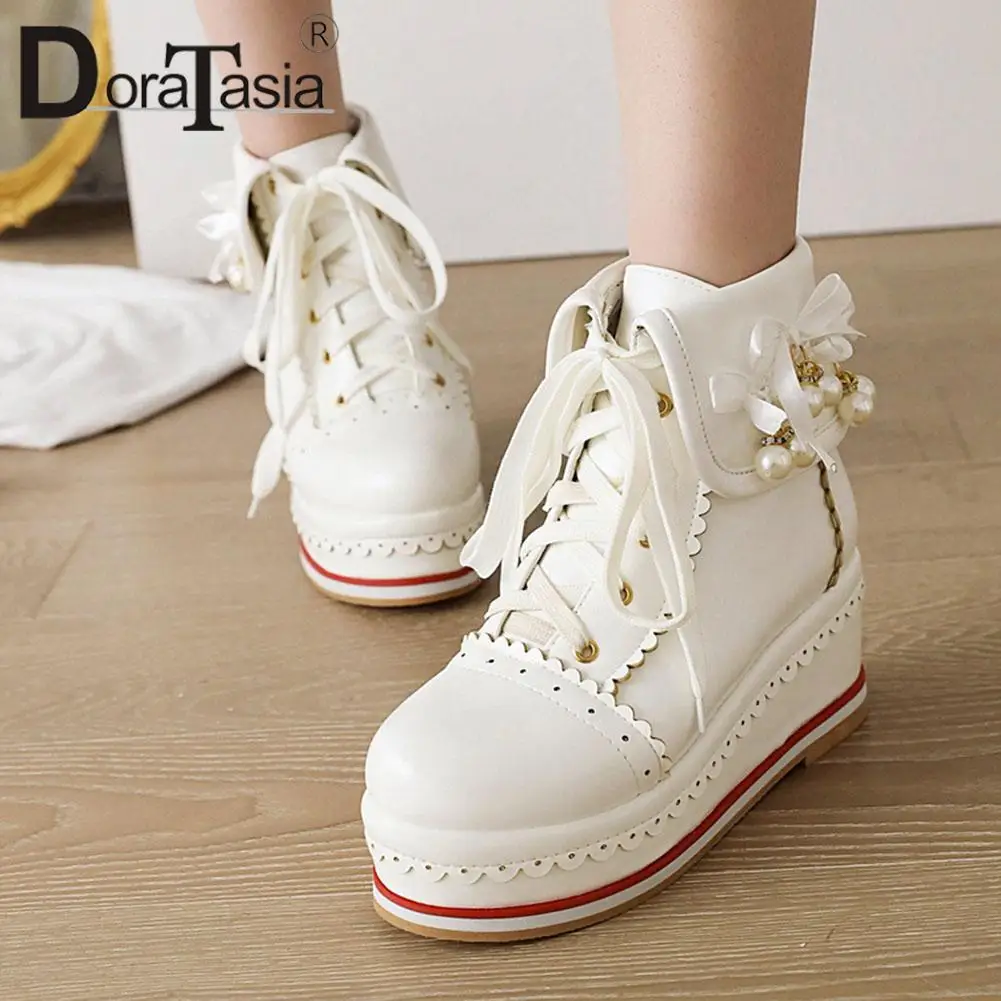 

Plus Size 33-46 New Ladies Platform Ankle Boots Fashion Mixed Colors Lace-up High Heels Boots Women Casual Wedges Shoes Woman