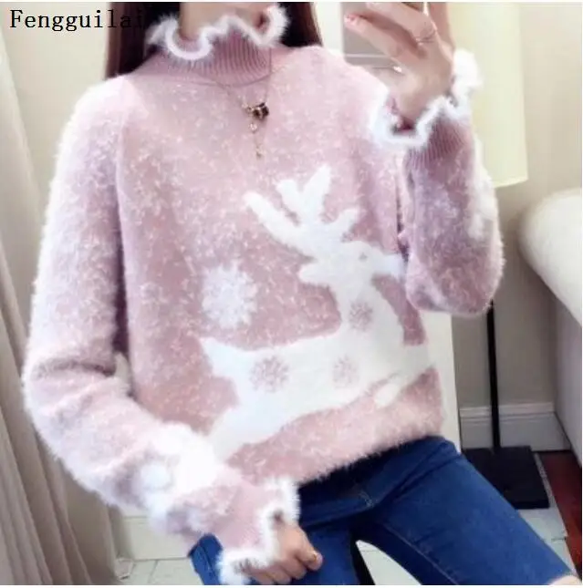 

Autumn Knited Imitation Water Velvet Sweaters Womens pullover Winter Snowflake fawn soft Imitation mink sweaters female jumper