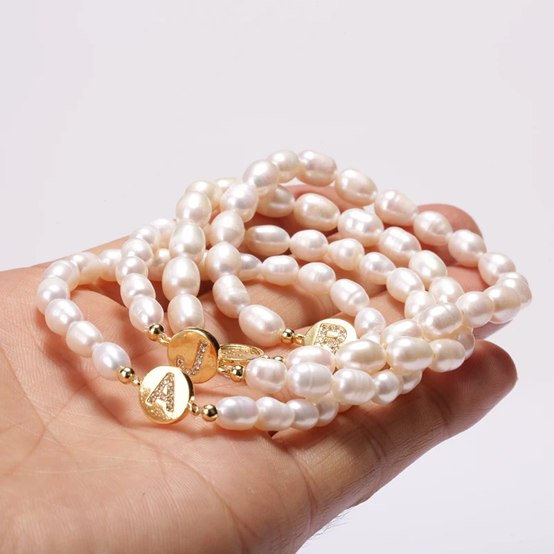 

5pcs/pack Boho Natural Freshwater Pearl Beaded Copper Micro-inlaid Zircon 26 Alphabet Letter Name Charm CZ Unisex Bracelet Gift
