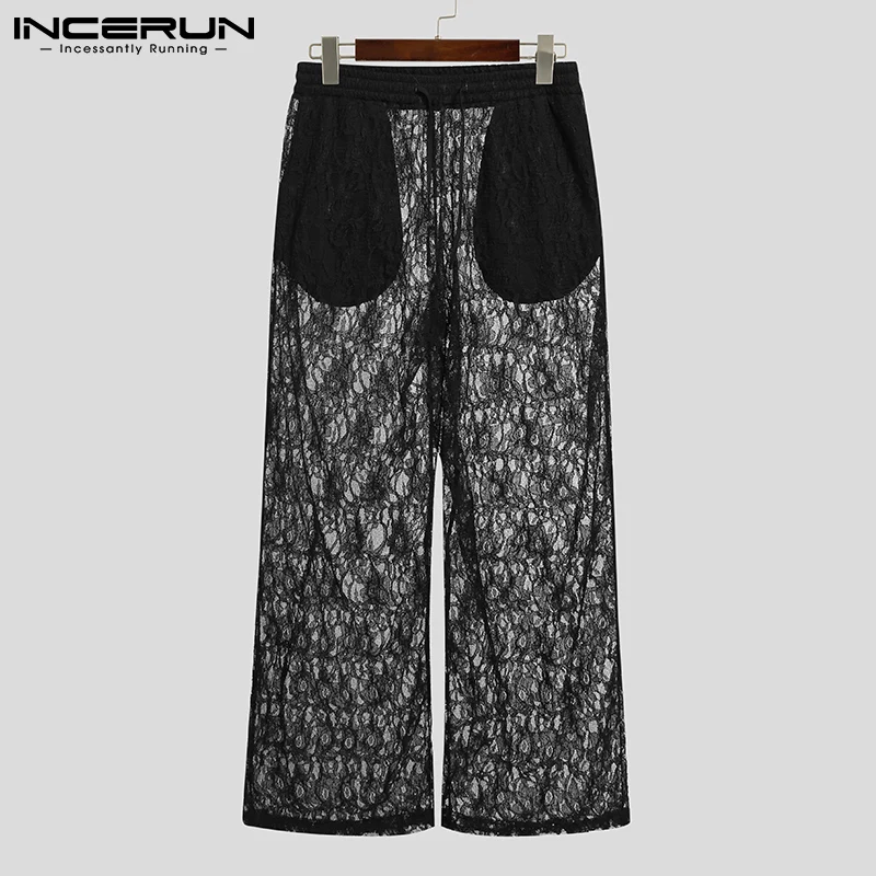 

INCERUN 2021 New Men's Stylish Sleep Bottoms Comfortable Homewear Leisure Sexy Drawstring Lace See-through Loose Trousers S-5XL