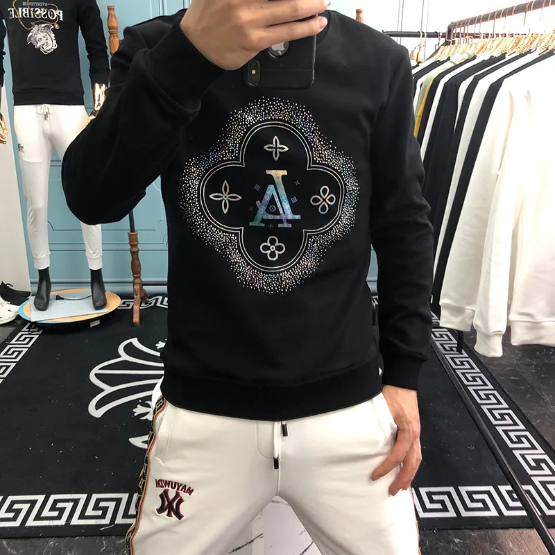 

2021 Mens Hoodies Fashion Abstract Pattern Rhinestones Slim Full Pullover Sweatshirts Casual Streetwear Autumn Hoodie Men 5XL