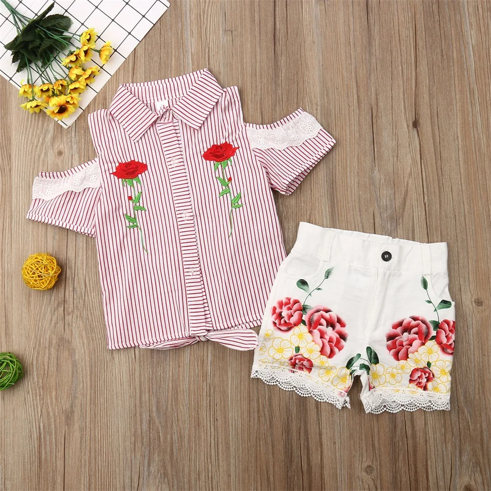 Одежда для маленьких девочек коллекция 2019 года розовые Топы в полоску с розами и