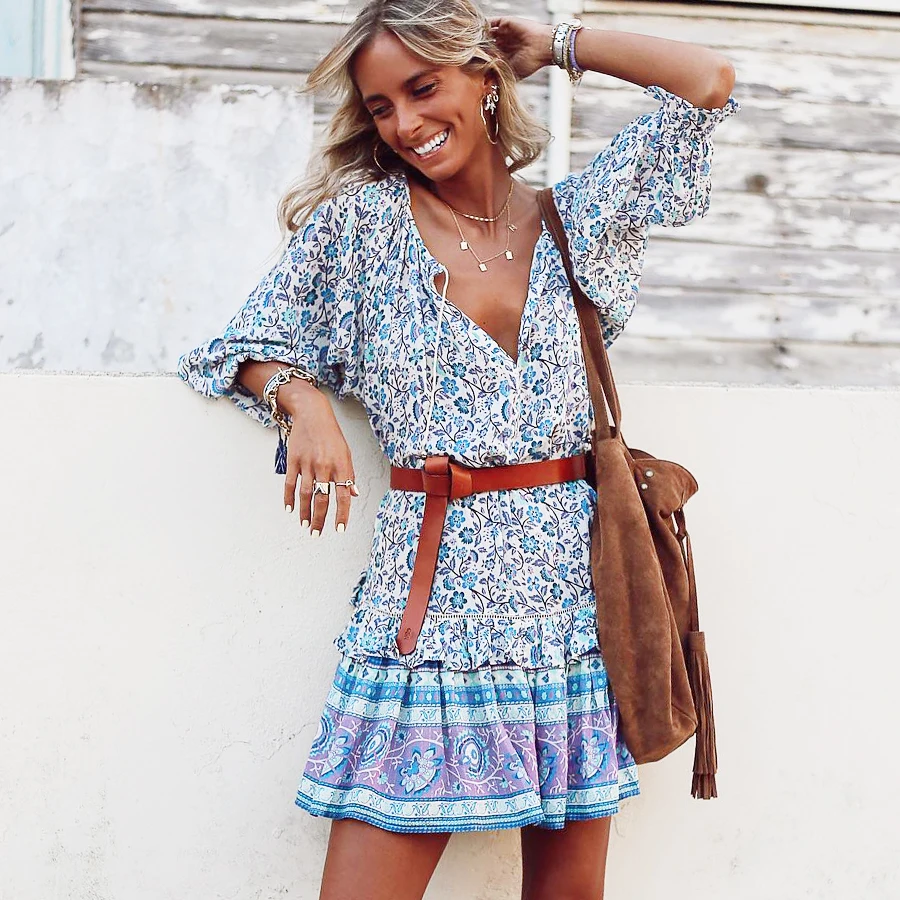 AYUALIN мини-туника платья для женщин платье в стиле бохо Цыганское Платье с