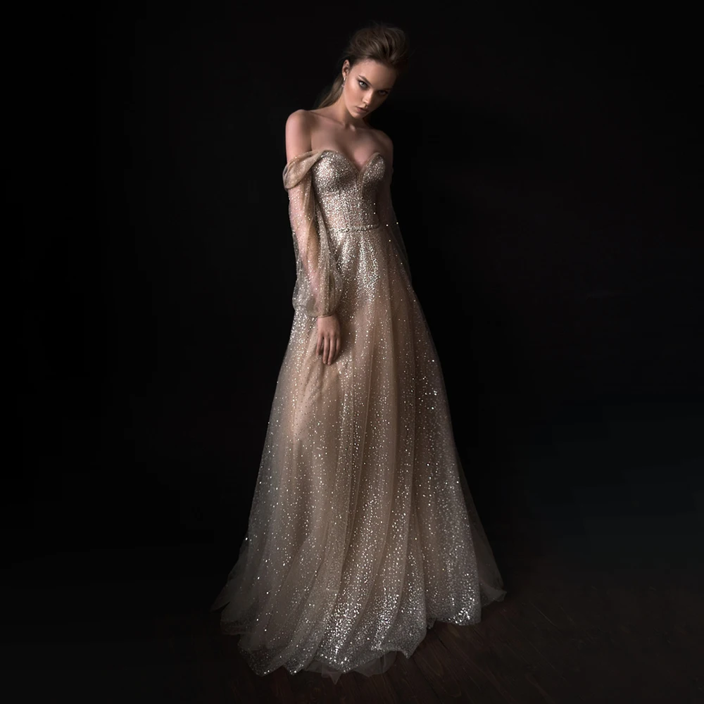 

UZN New Arrival A Line Glitter Tulle Wedding Gowns Off Shoulder Sweetheart Beading Belt Bridal Dresses Puff Sleeves Vestido De