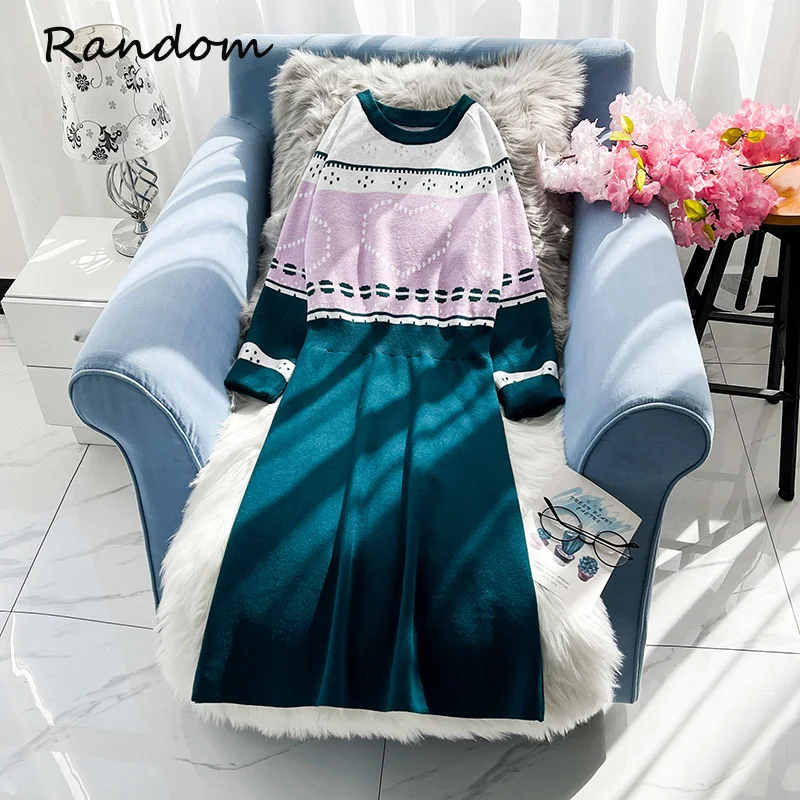 

Plus Size 4XL Print Sweaters Dress Women 2021 Winter Knitting Long Sleeve O Neck Color Contrast Elegant Party Dresses Warm Cloth