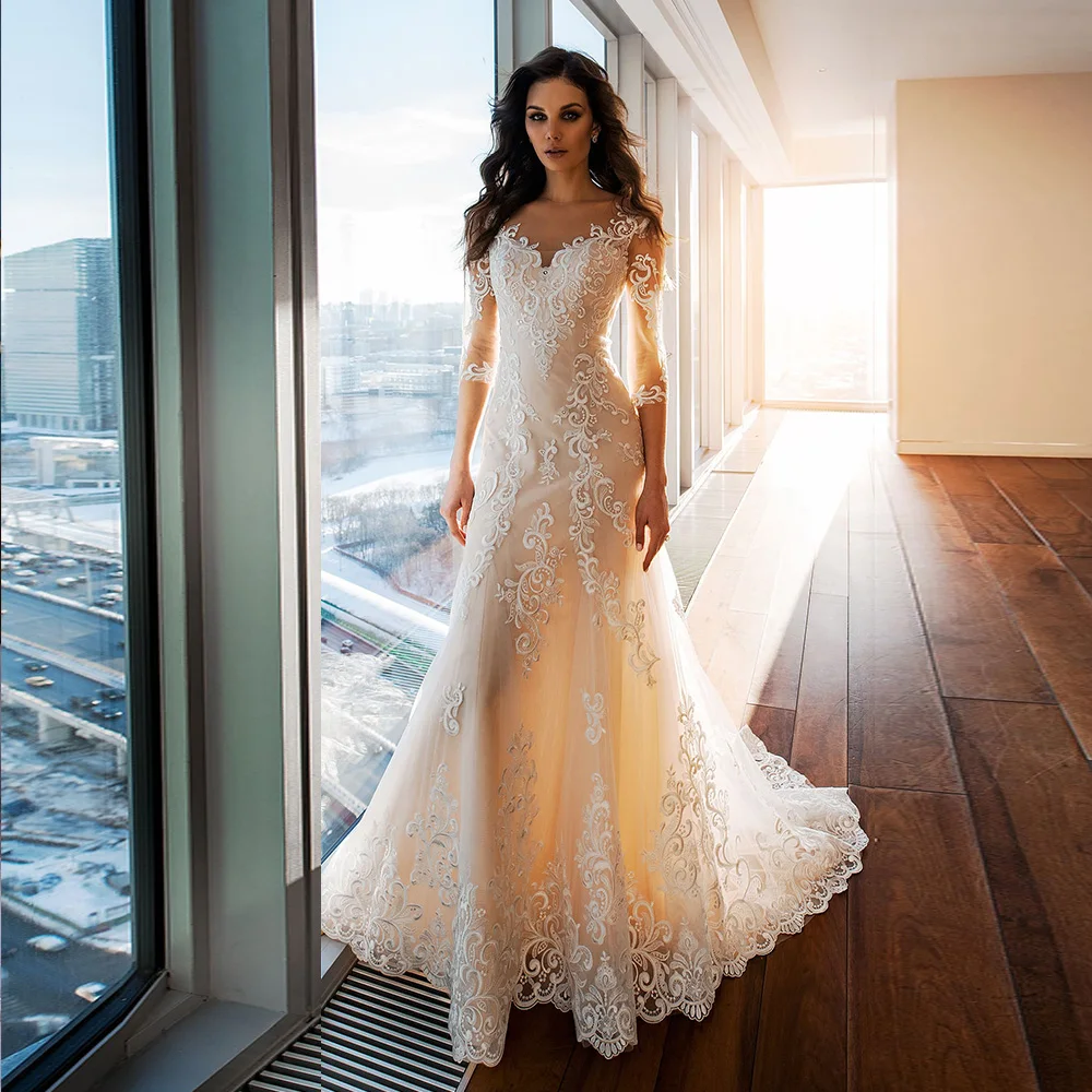 

Vestido De Noiva Three Quarter Sleeve Wedding Dress Appliques Tulle Robe De Mariage Illusion Back Trouwjurk Abito Da Sposa