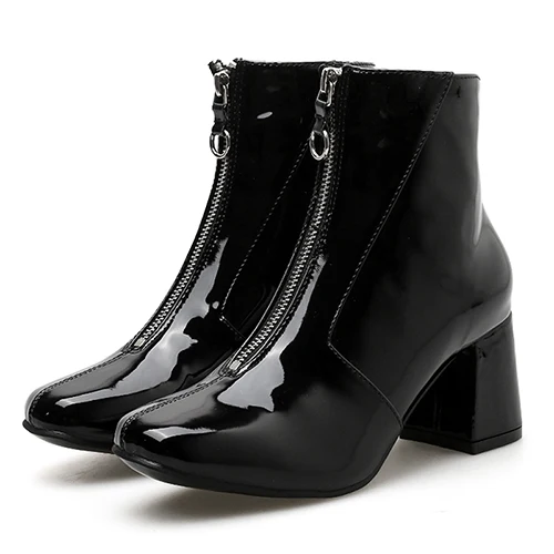black shoes Gdgydh/ г. Новые осенние черные ботинки из лакированной кожи женские модные ботинки на молнии с квадратным носком ботинки на не сужающемся книзу массивном каблуке, Прямая - Цвет: black shoes
