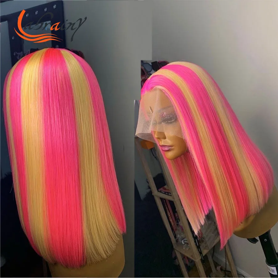 

Highlight 613 Pink HD Transparent Colored Straight Human Hair Wigs Ombre Blonde Remy Wigs Bob Pre Plucked Bleached Knots 13x6x1