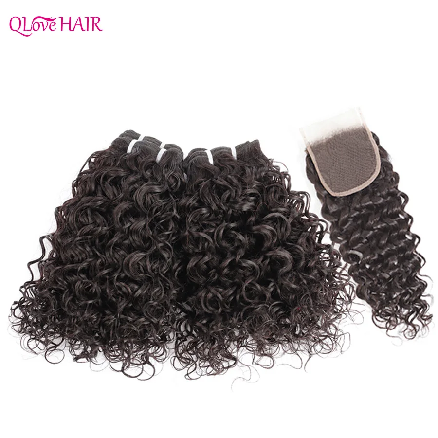 

Chinese Water Wave Human Hair 3/4 Bundles With 4x4 Lace Closure Short Curly Hair Bundles With Closure For Black Women 50g/Pc