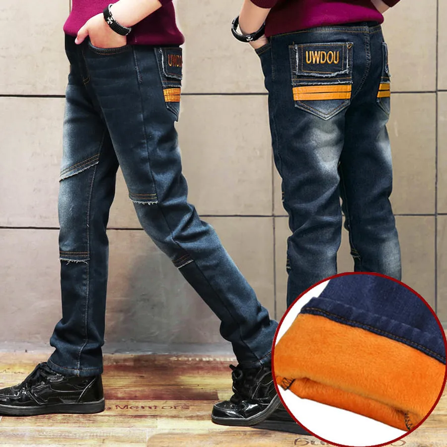 Зимние джинсы для мальчиков плотные флисовые штаны Детские теплые зимние с