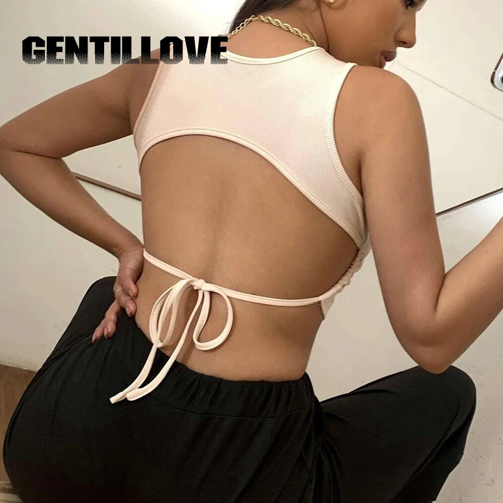 

Backless Lace Up Women Tank Top Knnitted Off Shoulder O-Neck Solid Skinny Sleeveless Female Sexy Summer Streetwear Club Vest Tee