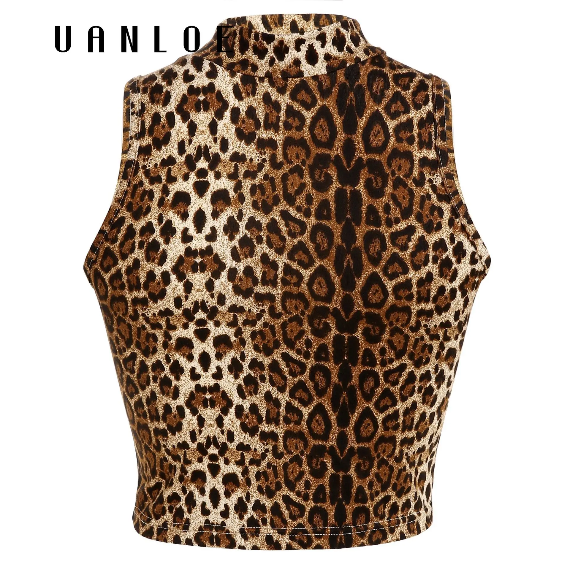 Женский леопардовый укороченный топ без рукавов с воротником-стойкой | Женская