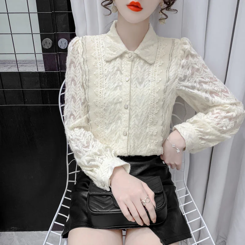 

2021 Fashion Tops Lace Elegant White Collared Designer Corset Shirt Womens Shirts Long Sleeve Sheer Blouse Crop Velvet Korean