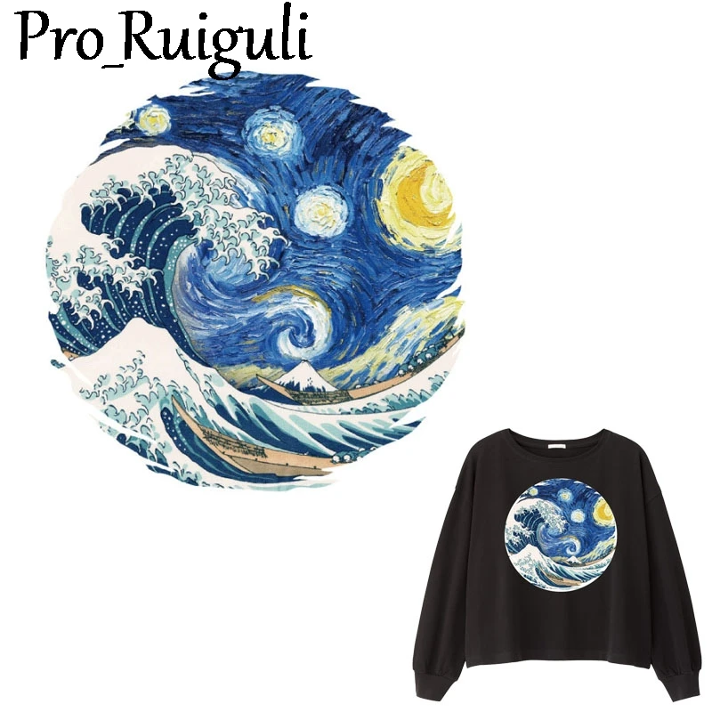 

Starry sky Hokusai Waves Iron on Patches for Clothing Stickers on Clothes DIY Badges Heat Transfer Girl Patch T-shirts Appliques