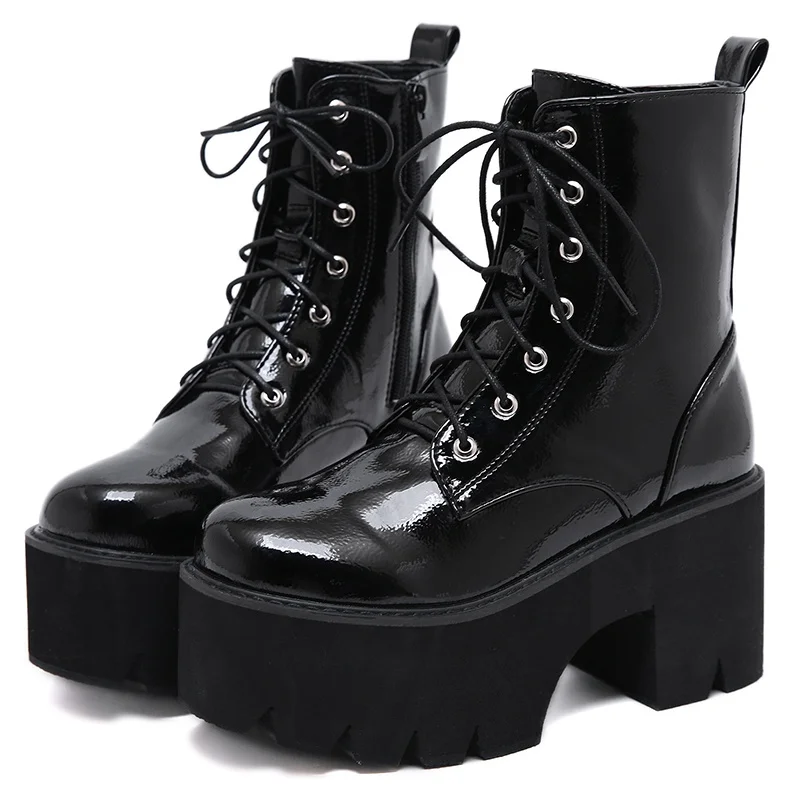 

Woman Lace Autumn Boots Womens Ladies Chunky Wedge Platform Black Patent Leather Ankle Boots Punk Goth New Arrival 2021