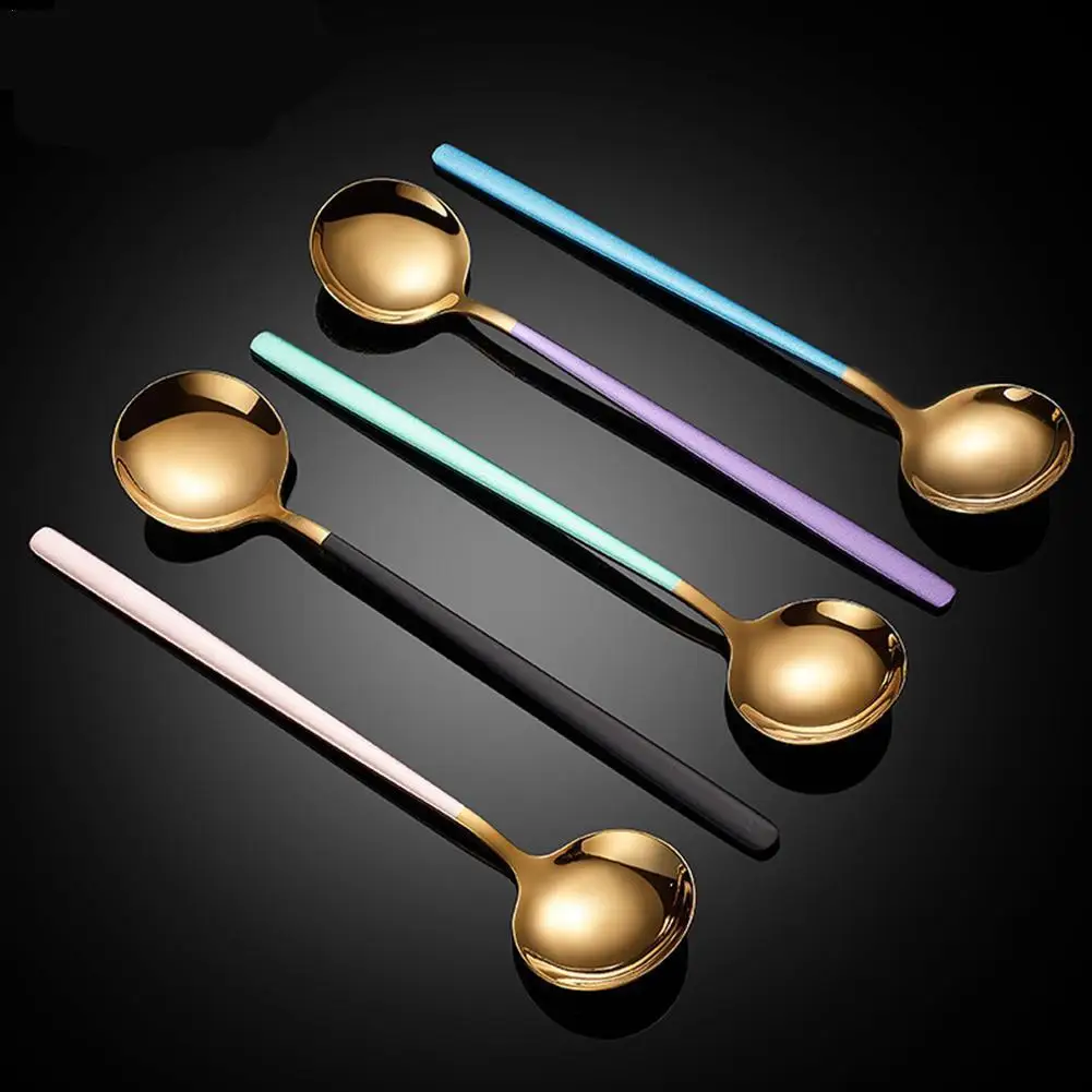

Large Size Steel Spoon Creative Spoon Ice Bibimbap Dessert Kitchen Cream Handle Spoon Spoon Korean Long Gadget So Q7K5