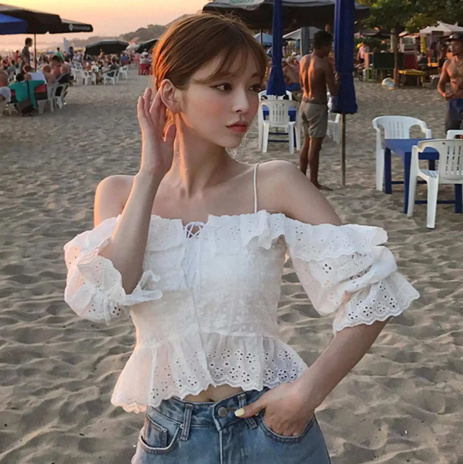 Корейская универсальная Сексуальная рубашка с открытыми плечами летняя новая