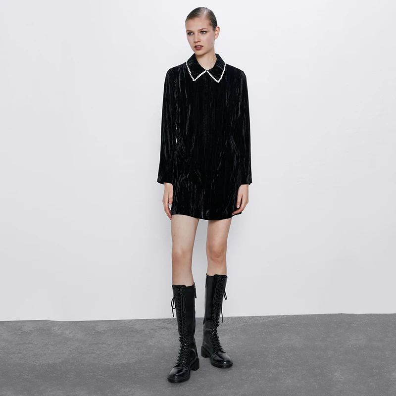 Женское платье с лацканами ZA черное бархатное короткое драпировкой для вечерние