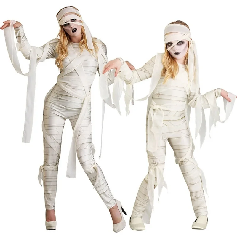 

Kids Adult White Mummy Costumes Halloween Zombie Role Play Clothes Terror Dead Body Set for Girls Women Role Playing