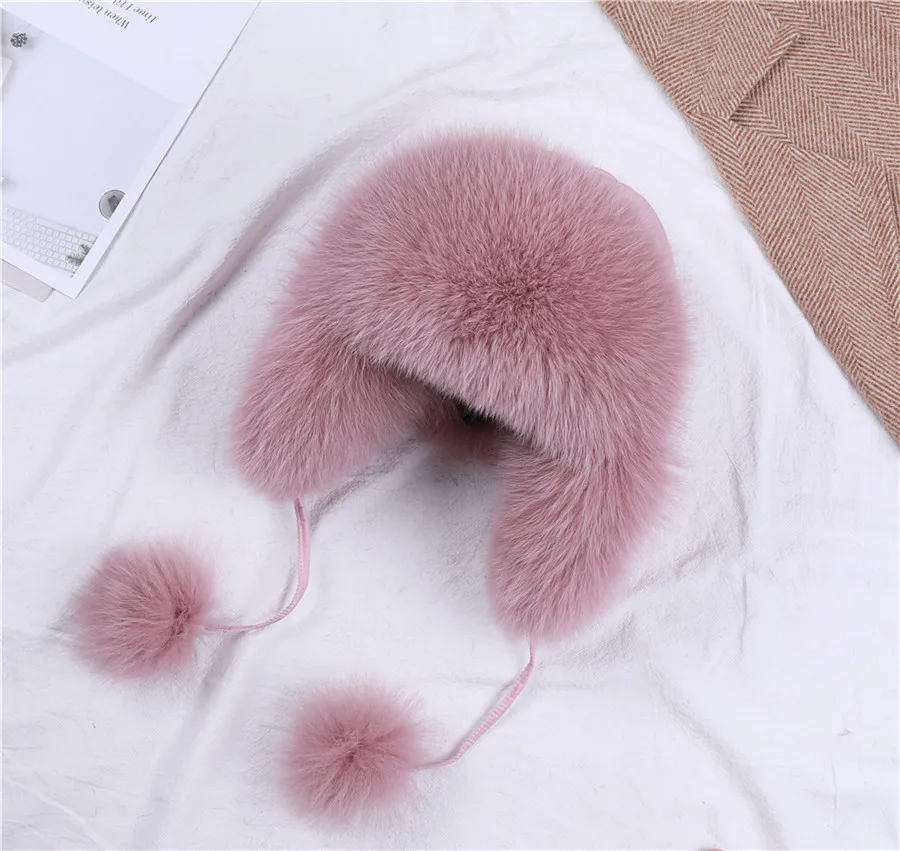 Pink Меховая шапка для женщин из енота, лисы, меховая русская ушанка, шапки зимние толстые теплые уши, модная Авиатор, ловушка, Бомбер, белая шапка - Цвет: Pink