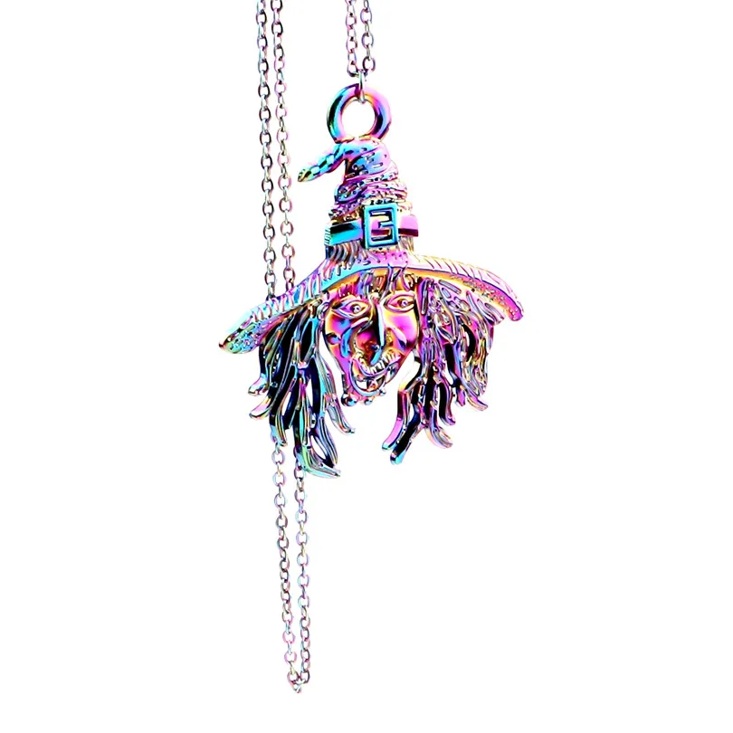 

10pcs Rainbow Color Alloy Sinister and cunning witch Necklace free Stainless Steel Chain for Women Girl Xmas Party Jewelry gifts