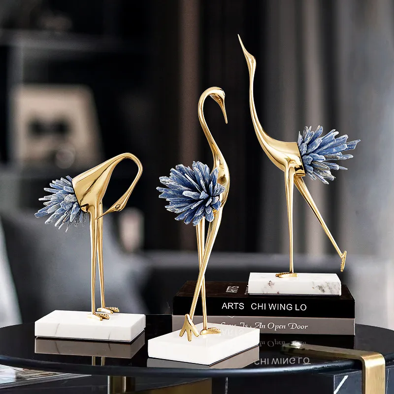 

Luxury Modern Classical Nordic Crane Fantastic Flamingo Statue Crystal Ornament with Marble Base Home Decoration