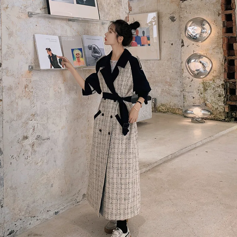 

2021 New Autumn Fashion Jackets Women Denim Patchwork Lapel Collar Loose Streetwear With Belt Hit Color Slim Coat