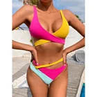 Новинка 2021, пикантный комплект бикини с низкой талией, бандажный купальник, Женский однотонный купальник в стиле пэчворк на бретельках, пляжная одежда, купальный костюм, бикини