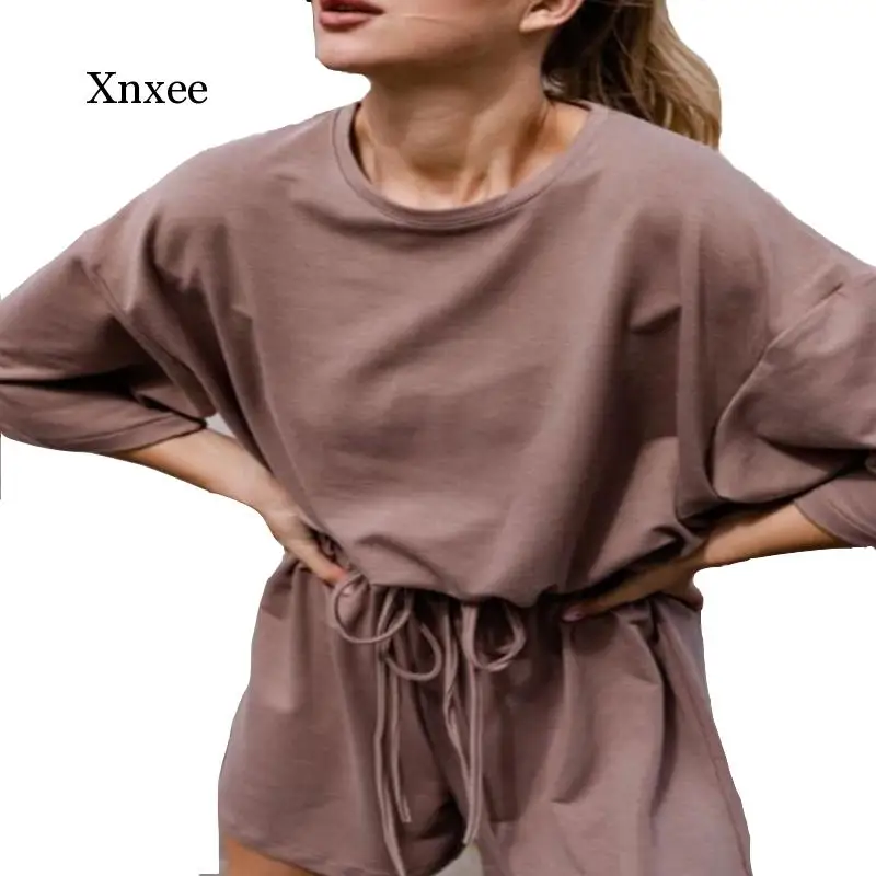 

Women Sweatsuits Sets 2020 New Hot Women's Two-Piece Suit Solid Color Home Loose Fashion Casual Suit Shorts Set Autumn Summer