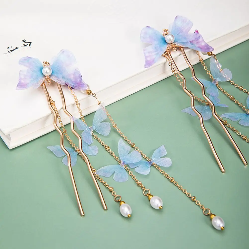 

Милые элегантные женские шпильки для волос с жемчугом бабочкой китайская вилка для волос украшенная бусинами свадебный головной убор милы...