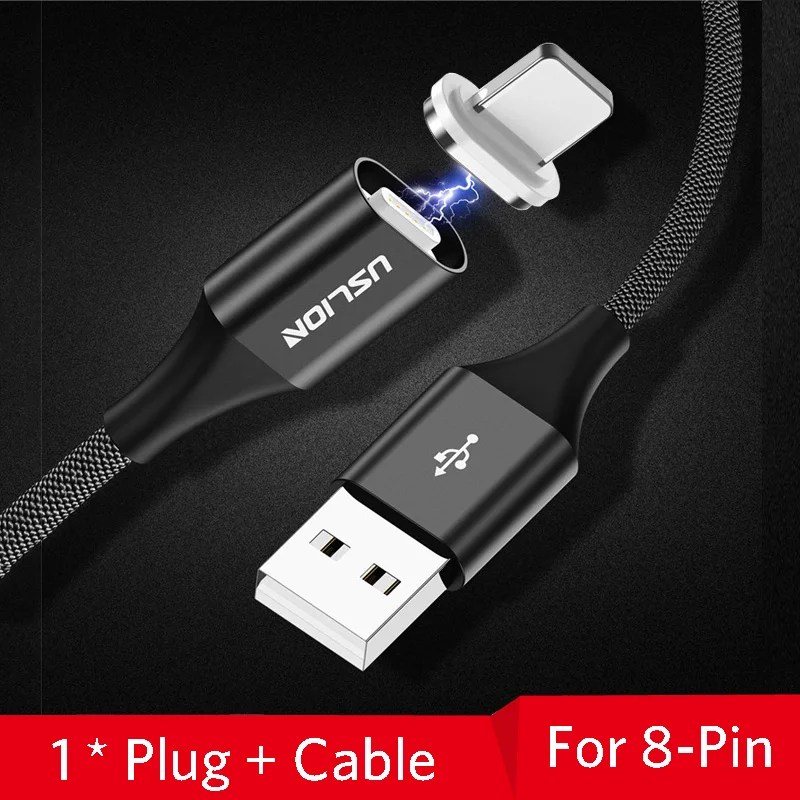 Black For iPhone Магнитный кабель USLION, 3 А, кабель для быстрой зарядки usb type C и кабель Micro USB, магнитный кабель для зарядки и передачи данных, кабели для мобильных телефонов - Цвет: Black For iPhone
