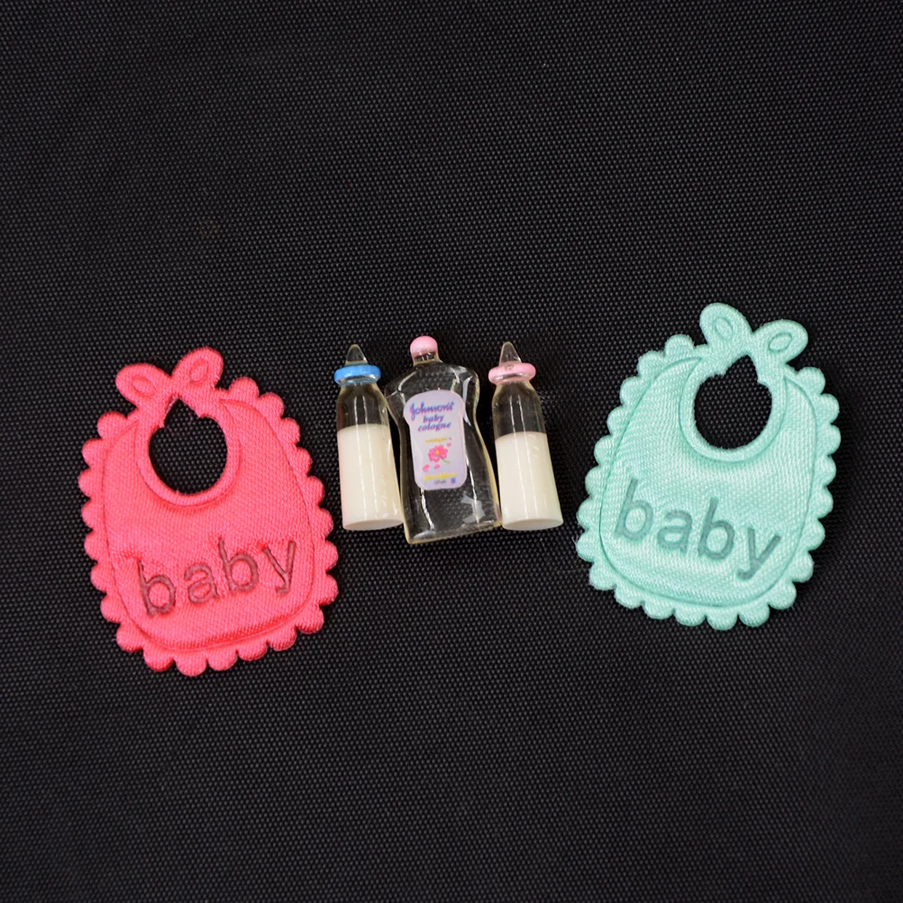 1x Blue Pink Bib 2x Baby Bottle Shampoo Cute 1:12 Dolls House Miniature Bottles Bibs Set Nursery Accessory | Игрушки и хобби