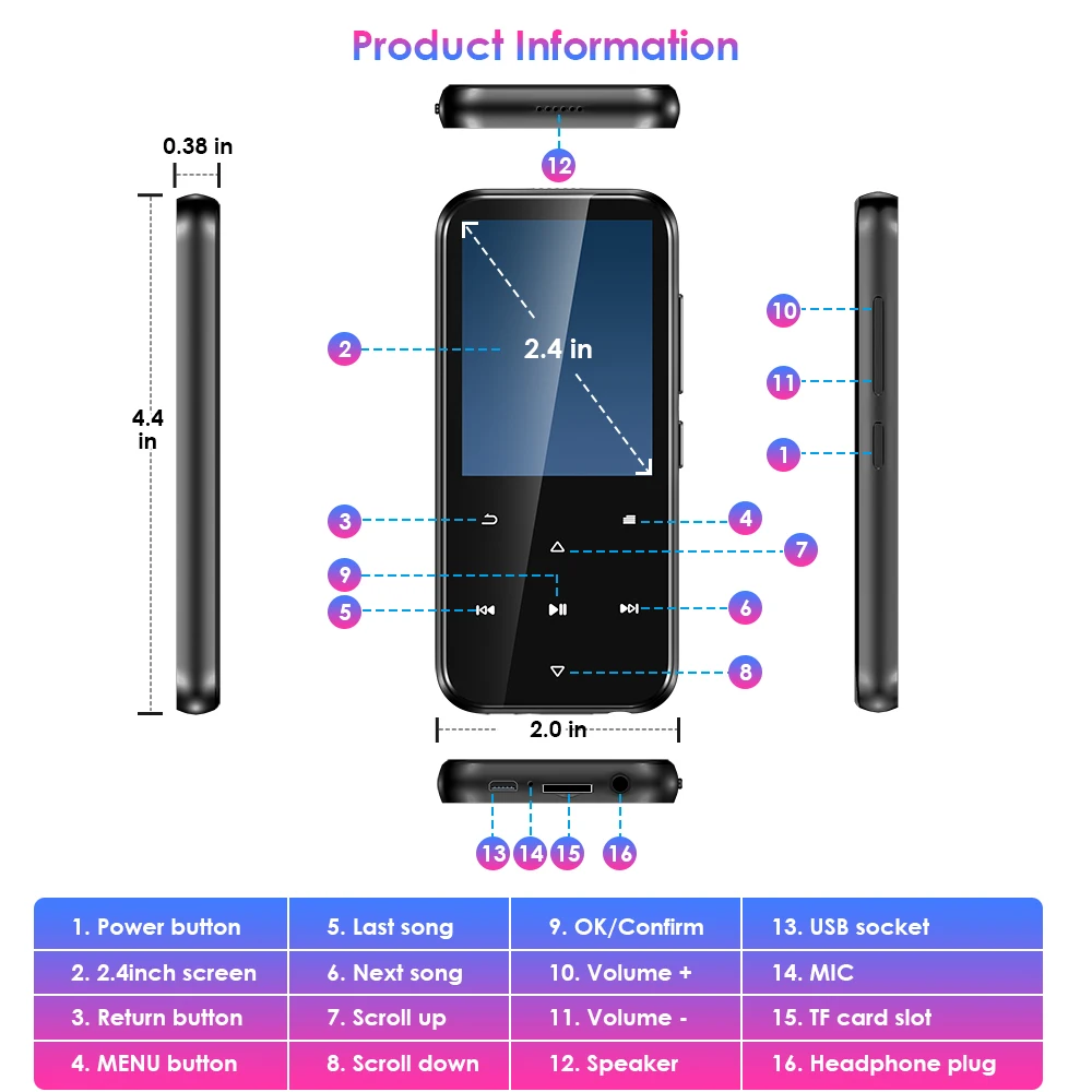 Qosea MP3-плеер с Bluetooth 4,2 HiFi музыкальный плеер с динамиком сенсорной кнопкой 2,4 дюйма экран Аудио Электронная книга радио встроенный 16 Гб