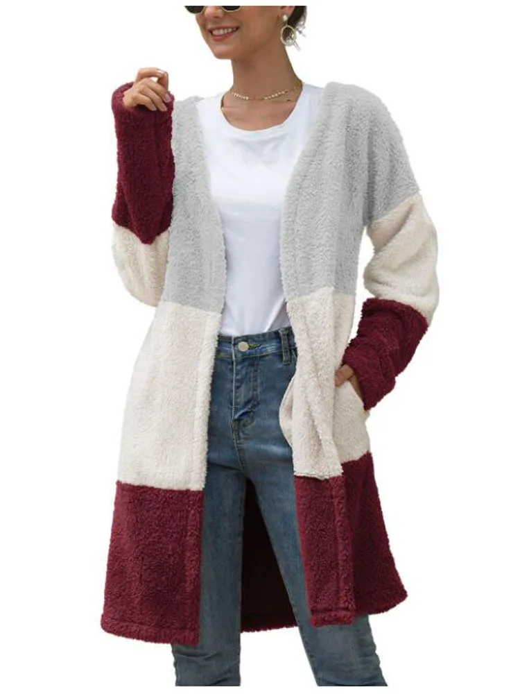 

Streetwear Multicolor Open Front Color Block Teddy Long Sleeve Coat Winter Modern Lady Elegant Women Coat Outerwear with pocket